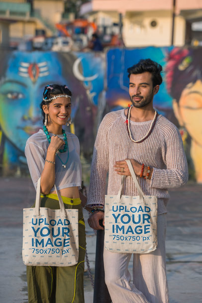 Sublimated Tote Bag Mockup of a Happy Couple in the Street