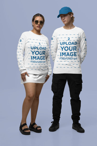 Mockup of a Couple in Trendy Outfits Wearing Long Sleeve T-Shirts