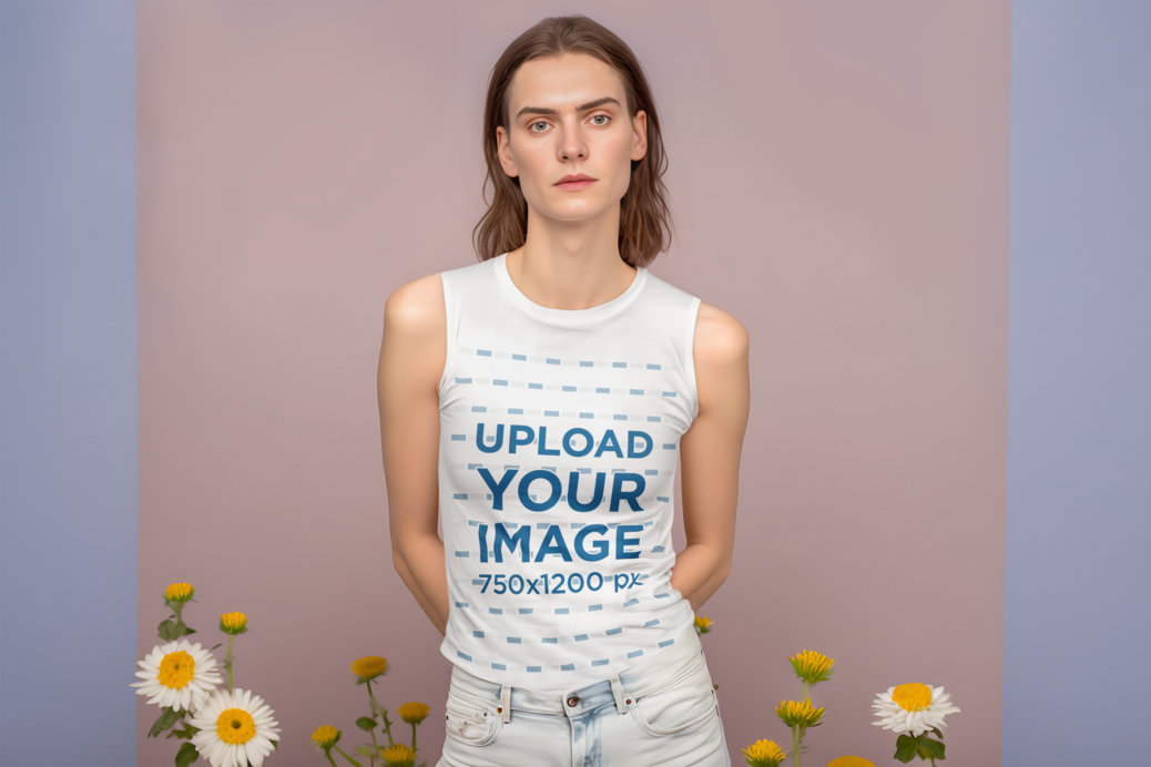 Sleeveless Tee Mockup of an Androgynous Model Posing by Chamomile Flowers