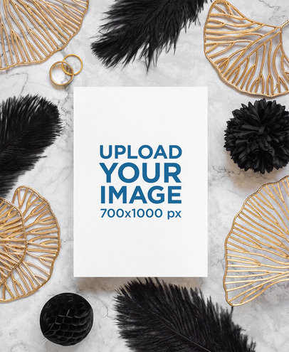 Mockup of a Wedding Program Placed on a Marble Table Featuring Two Rings