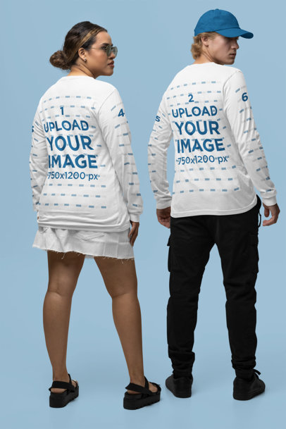 Back-View Mockup of a Couple Wearing Long Sleeve T-Shirts