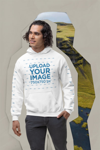 Collage-Style Mockup of a Man with Curly Hair Wearing a Gildan Pullover Hoodie