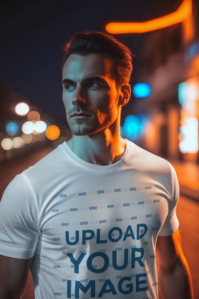 AI-Generated Mockup Featuring a Man Wearing a Rounded-Neck Tee at Night