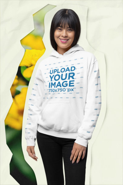 Cut-Out Collage-Style Mockup Featuring a Smiling Woman in a Gildan Pullover Hoodie
