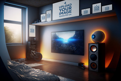 AI-Generated Mockup Featuring Art Prints on a Gaming Setting m32561