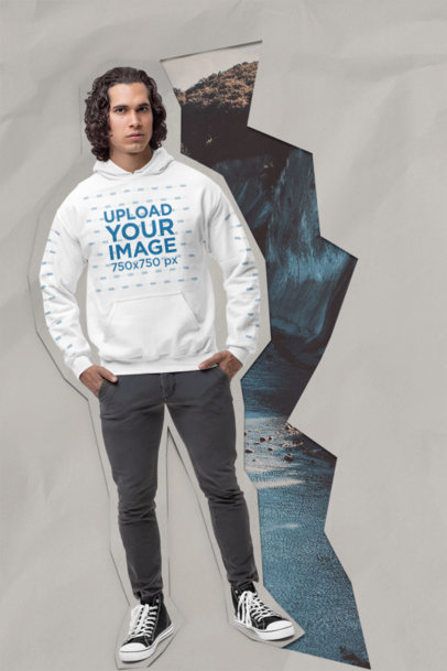 Cut-Out Collage-Style Hoodie Mockup Featuring a Man with Curly Hair at a Studio