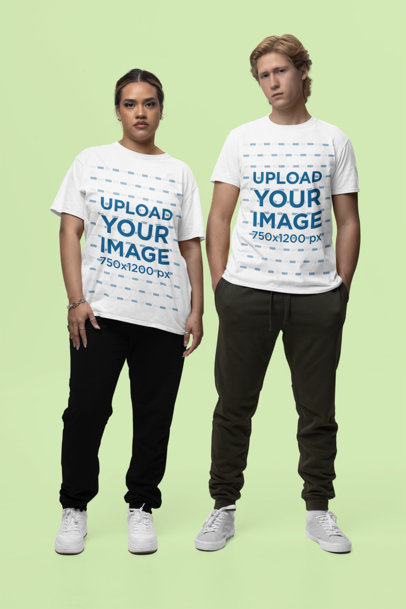 Mockup of a Man and a Woman Wearing Gildan T-Shirts with a Round Neck