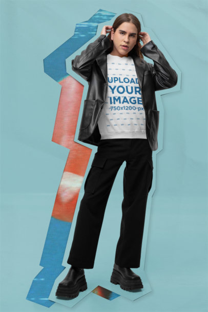 Collage-Style Mockup of a Man with Long Hair Wearing a Gildan Sweatshirt