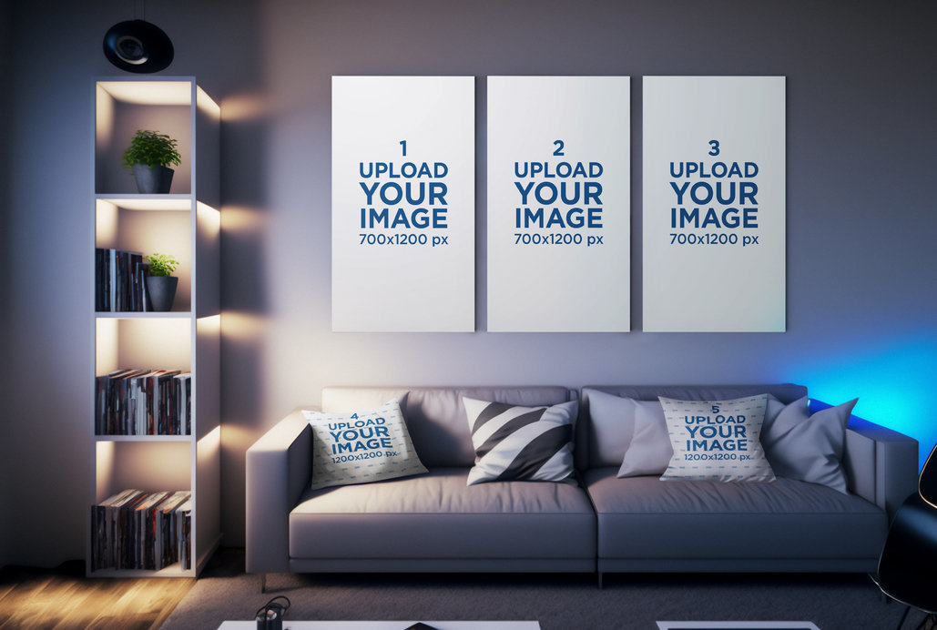 Art Print and Pillow Mockup Featuring an AI-Generated Living Room for Gamers