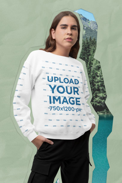 Collage-Style Mockup Featuring a Man with Long Hair Wearing a Gildan Sweatshirt 