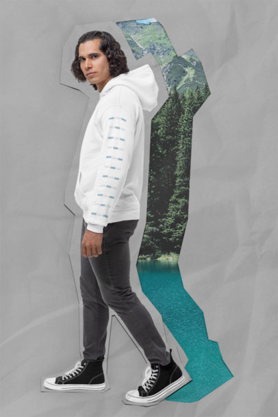 Cut-Out-Style Mockup of a Curly-Haired Man Wearing a Gildan Pullover Hoodie