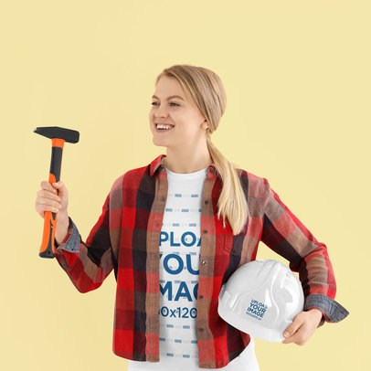 Labor Day-Themed Mockup Featuring a Smiling Woman With a T-Shirt and a Hard Hat
