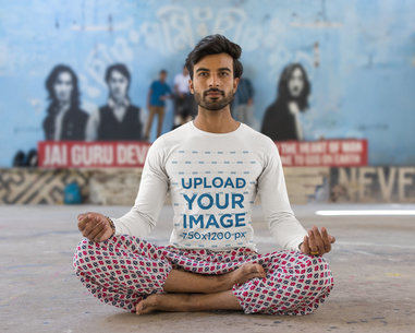 Long-Sleeve Tee Mockup of a Serious Man Practicing Yoga on the Street