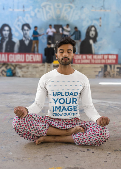 Long Sleeve Tee Mockup Featuring a Bearded Man Meditating on the Floor