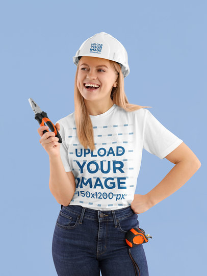 Round-Neck T-Shirt and Hard Hat Mockup of a Happy Woman for Labor Day