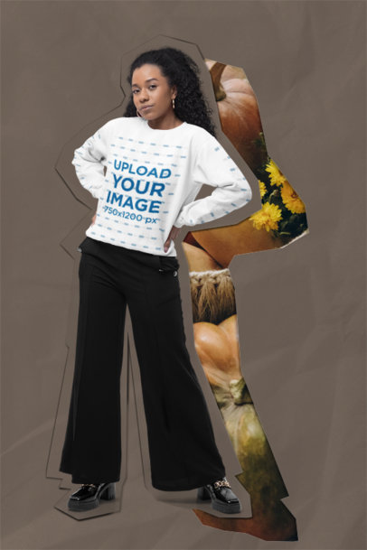 Cut-Out Collage-Style Mockup of a Woman with Curly Hair Wearing a Gildan Sweatshirt