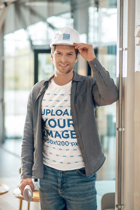 Mockup of a Smiling Worker Wearing a Safety Helmet and a Crewneck Tee