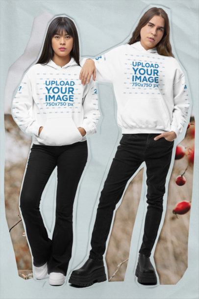Collage-Style Mockup Featuring a Man and a Woman Posing in Gildan Hoodies