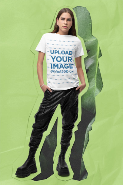 Collage-Style Mockup of a Long-Haired Man Wearing a Bella Canvas T-Shirt