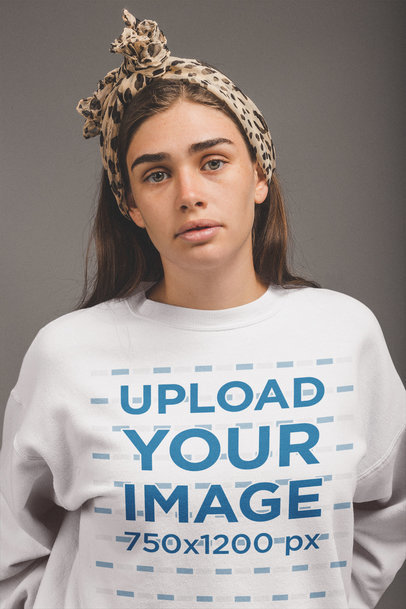 Crewneck Sweater Mockup of a White Woman with an Animal Print Headwrap a20867