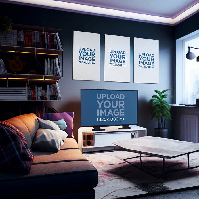 Mockup of a Smart TV and Three Art Prints Placed on a Gaming Living Room