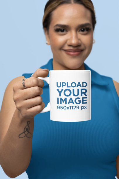 Mockup of a Smiling Woman Holding an 11 oz Coffee Mug Close to the Camera