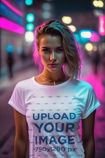 AI-Generated Mockup Featuring a Woman Wearing a T-Shirt at Night m33252