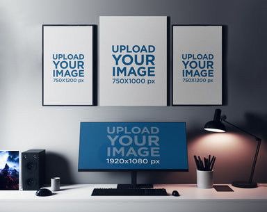Mockup of Three Art Prints and a Desktop Screen Placed in a Gaming Room m32568