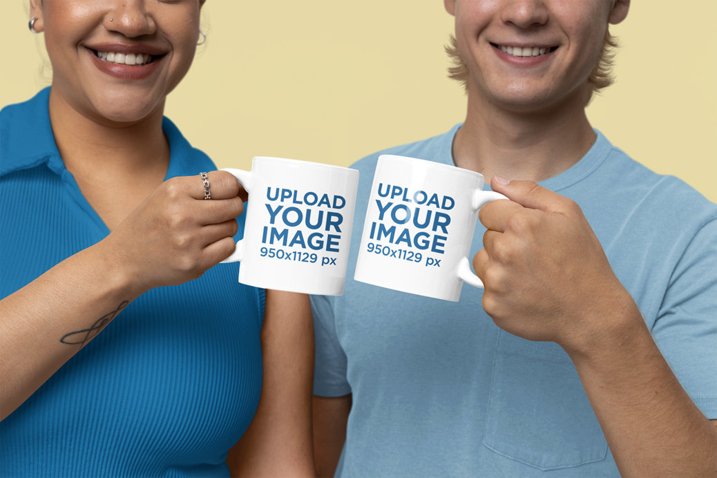 11 Oz Coffee Mug Mockup Featuring Smiling Cropped Faces of a Man and a Woman