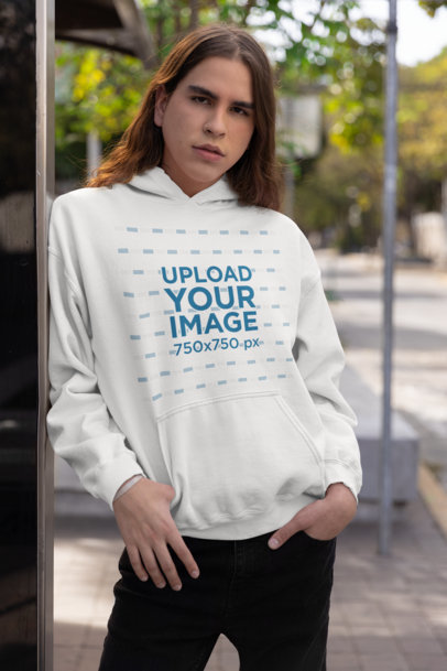 Gildan Pullover Hoodie Mockup Featuring a Man with Long Hair 