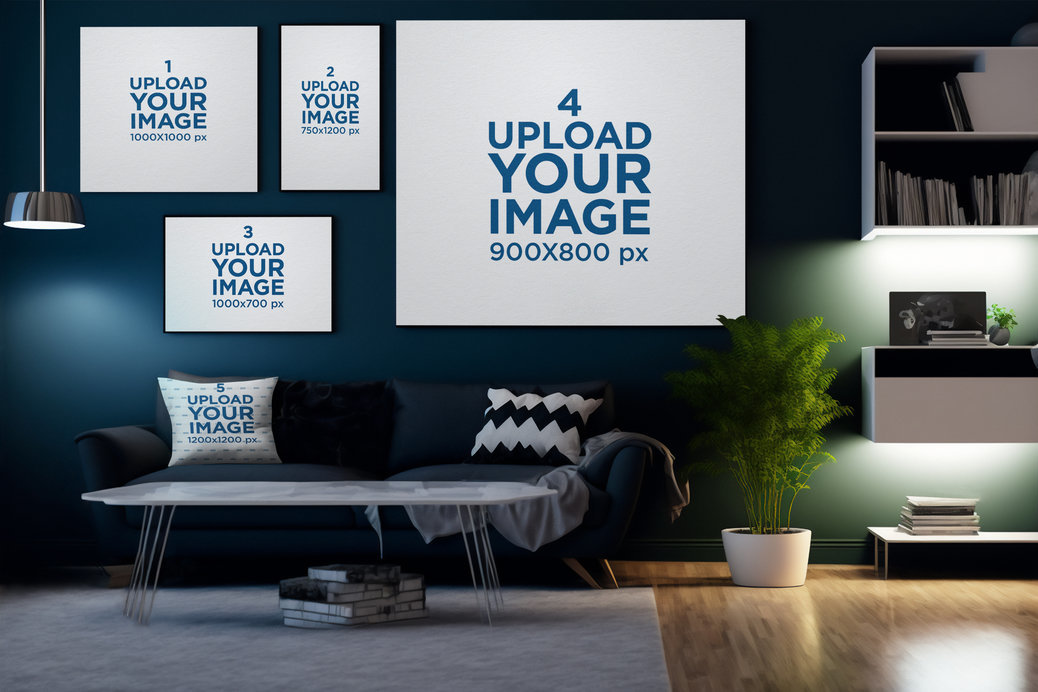 AI-Generated Mockup Featuring Art Prints and a Pillow in a Gaming Setting
