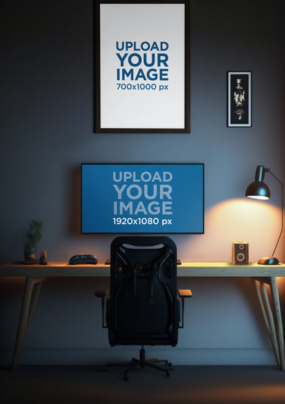 Art Print and Desktop Screen Mockup of an AI-Generated Gaming Room m32575