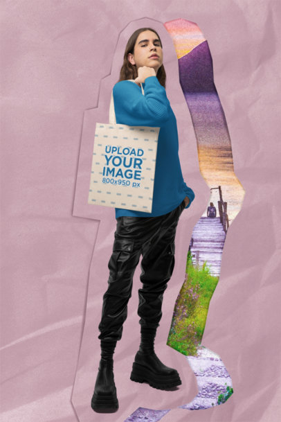 Collage-Themed Mockup Featuring a Man Carrying a Sublimated Tote Bag