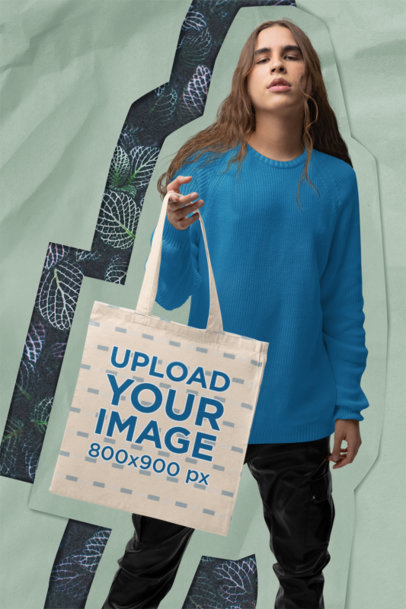 Sublimated Tote Bag Mockup of a Serious Man Featuring a Collage Aesthetic