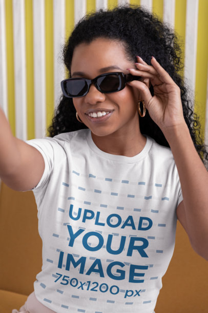 Round-Neck Bella Canvas Tee Mockup of a Curly-Haired Woman with Sunglasses