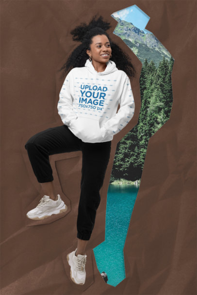 Collage-Style Mockup of Curly-Haired Woman Wearing a Gildan Pullover Hoodie
