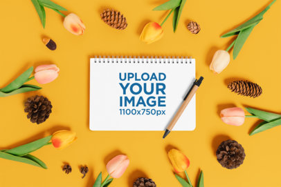 Mockup of a Planner Surrounded by Tulips and Pinecones