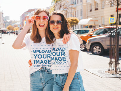 Siblings Day-Themed Mockup of Two Happy Sisters Wearing a Crop Top and a T-Shirt