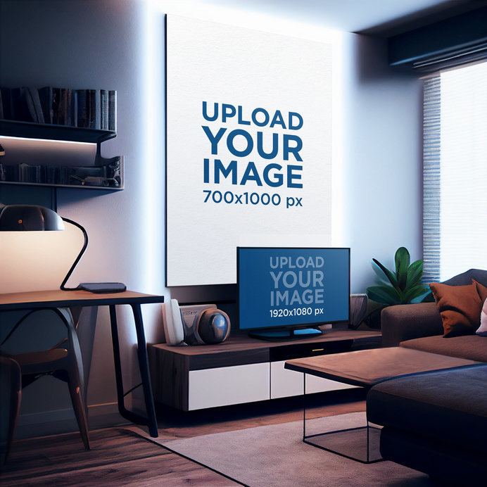 Smart TV Mockup Featuring an Art Print and a Gaming-Themed Setting
