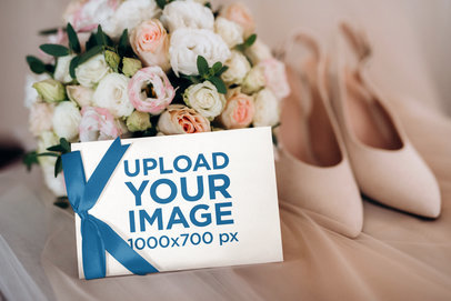 Mockup of a Wedding Invitation Placed in Front of a Bridal Bouquet