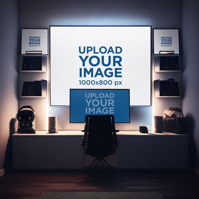 Gaming-Themed Mockup of a Desktop Screen and an Art Print m32576