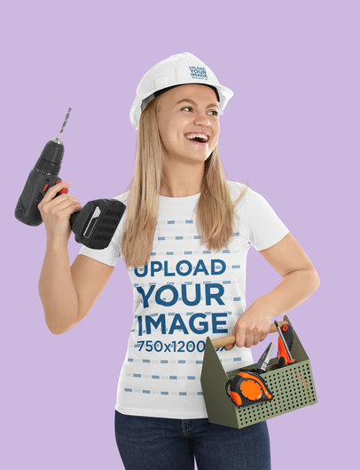 T-Shirt and Hard Hat Mockup of a Happy Woman Carrying Working Tools