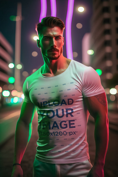 AI-Generated T-Shirt Mockup of a Bearded Man Posing on a Street at Night m33260