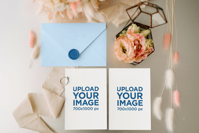 Wedding Invitation Mockup Featuring Flowers and Three Rings