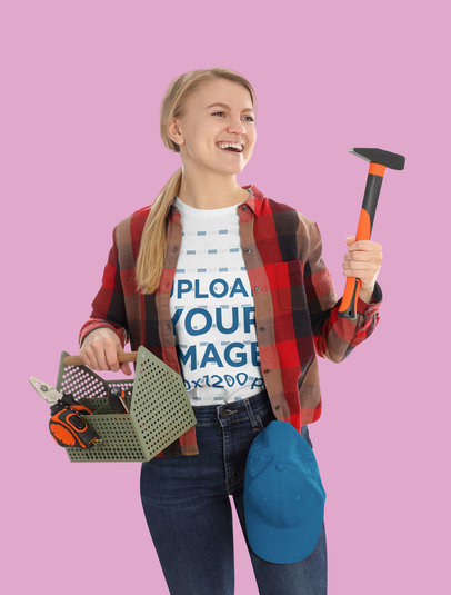 Labor Day-Themed T-Shirt Mockup of a Female Worker Holding a Box of Tools