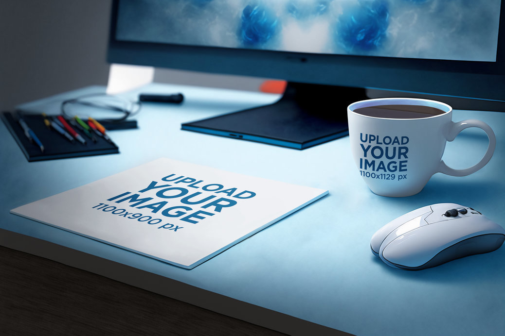 Mockup of a Mousepad Placed on a Gaming Setting Featuring a Coffee Mug