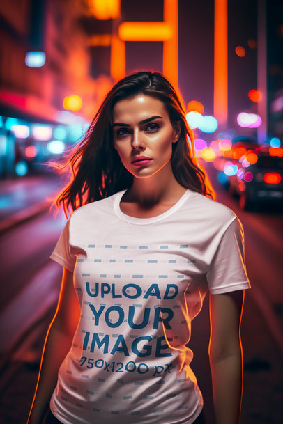 AI-Generated Mockup of a Woman in a Round-Neck Tee at Night m33264
