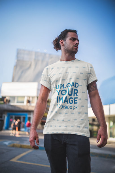 Man with Manbun Standing Outside | T-Shirt Mockup