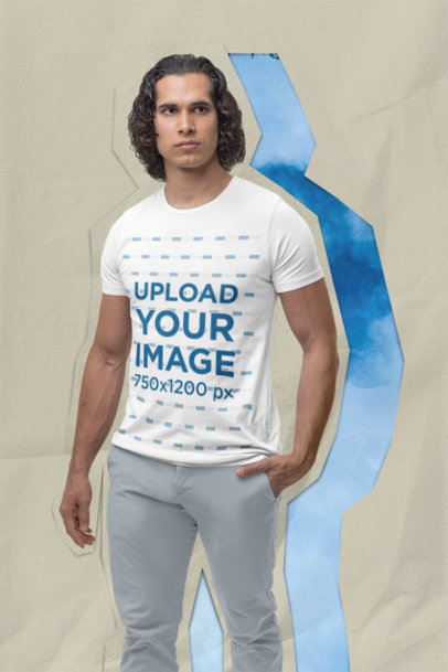 Bella Canvas T-Shirt Mockup of a Serious Man Posing in a Collage-Themed Aesthetic