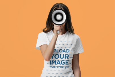Round-Neck T-Shirt Mockup Featuring a Woman Holding a Megaphone for a Protest m29522 r-el2